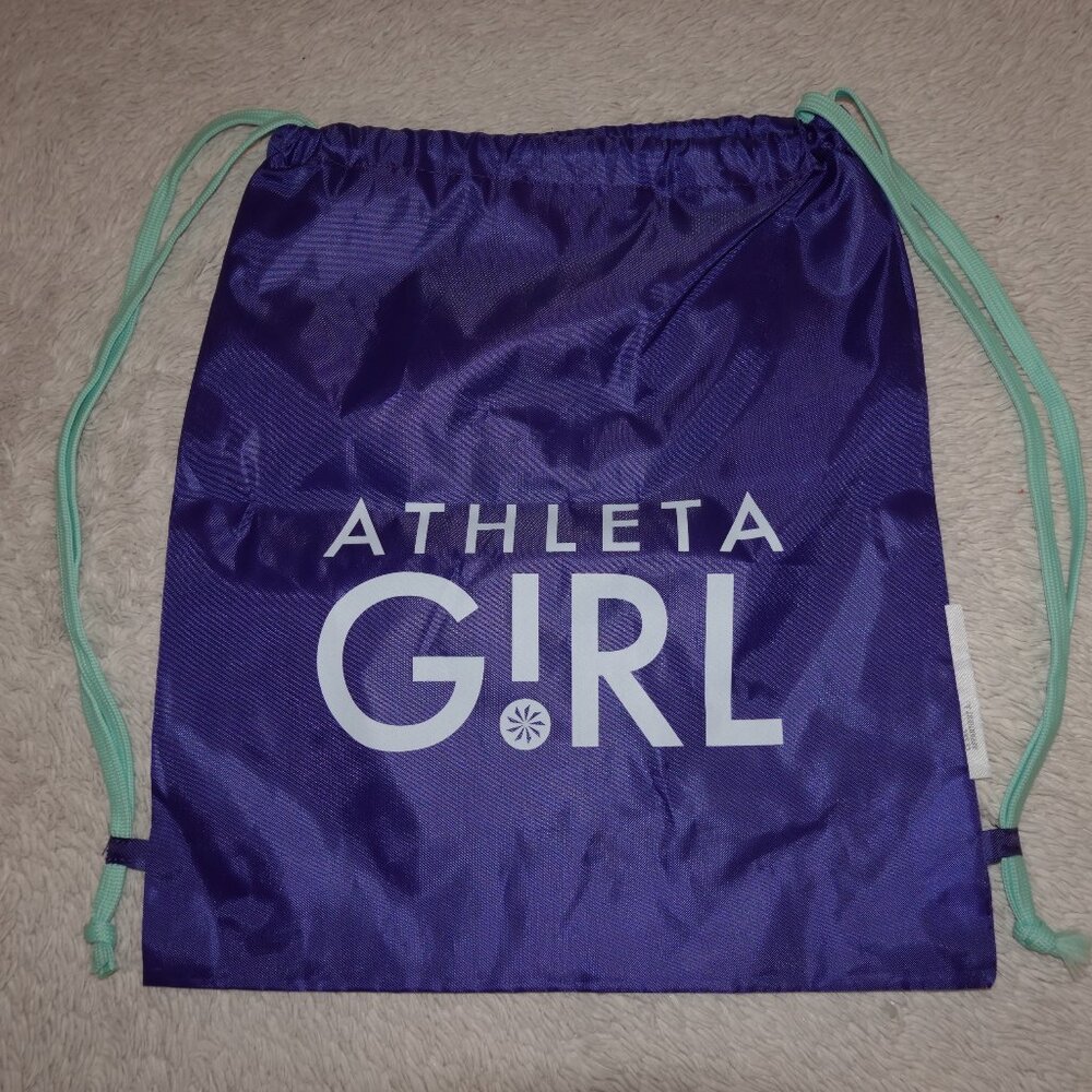 Athleta Girl Drawstring Backpack, 13.5" x 15.5", Blue w/Teal Green Straps